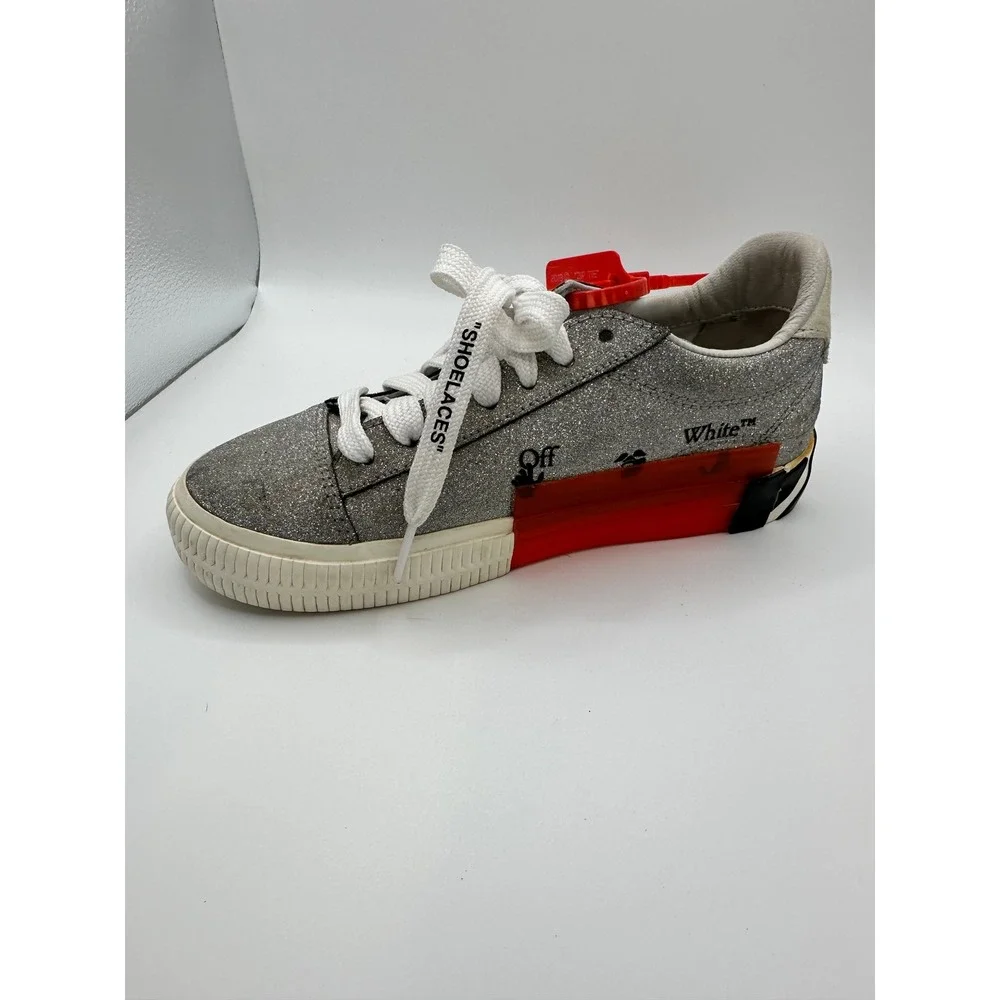 Off-White‎ Kids Low Vulcanized Silver Glitter Sneakers Zip Tie Shoes